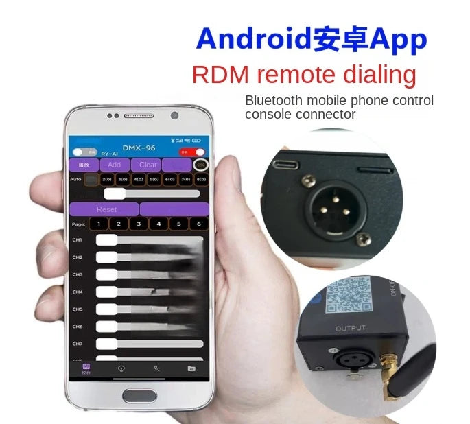 Interface DMX512 et RDM – application Android de réglage RDM et prise XLR du boîtier