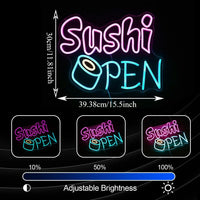 Enseigne néon Sushi OPEN – dimensions 30 x 39,4 cm et luminosité réglable