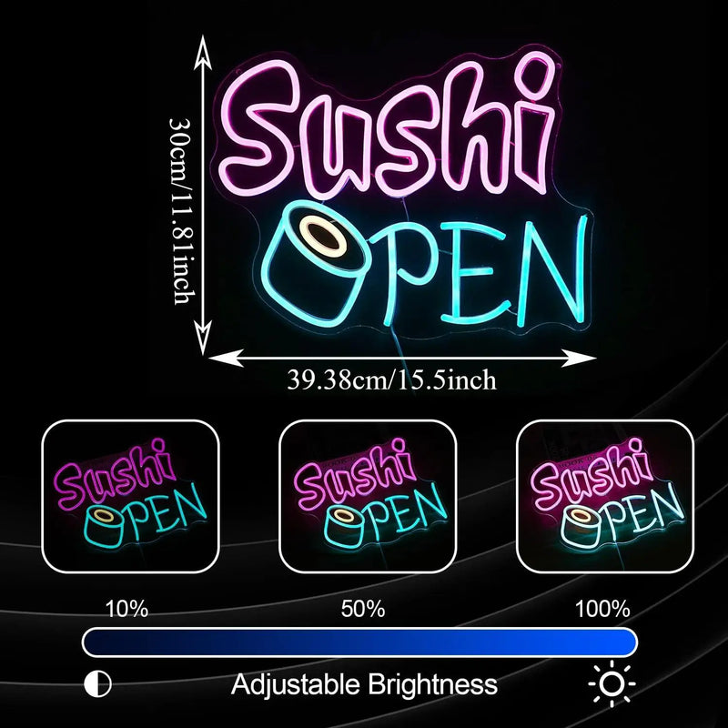 Enseigne néon Sushi OPEN – dimensions 30 x 39,4 cm et luminosité réglable