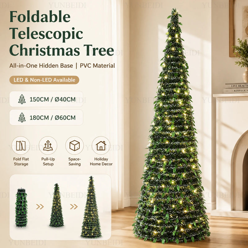 Sapin lumineux pliable télescopique à LED blanc chaud, 150 ou 180 cm