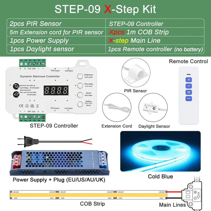 Bande LED escalier COB à détecteur de mouvement – kit en bleu glacier