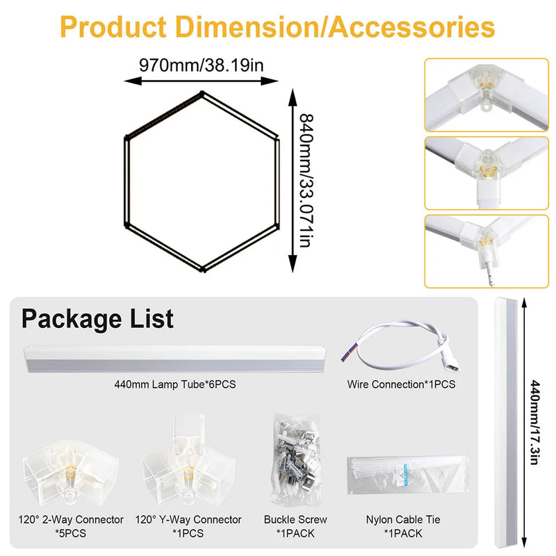 Éclairage LED nid d'abeille – cotes d'un hexagone de 97 x 84 cm et contenu du kit