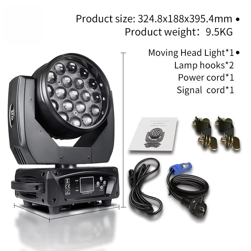 Lyre LED wash zoom 19 x 15 W – contenu du colis par lyre : cordons, crochets et manuel