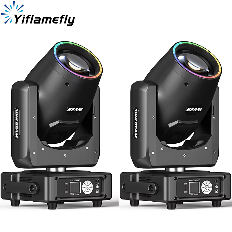 Lot de 2 lyres beam hybrides – les deux lyres côte à côte avec leur anneau LED