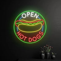 Enseigne néon LED Open Hot Dogs pour restaurant et snack, décor mural, 38 cm