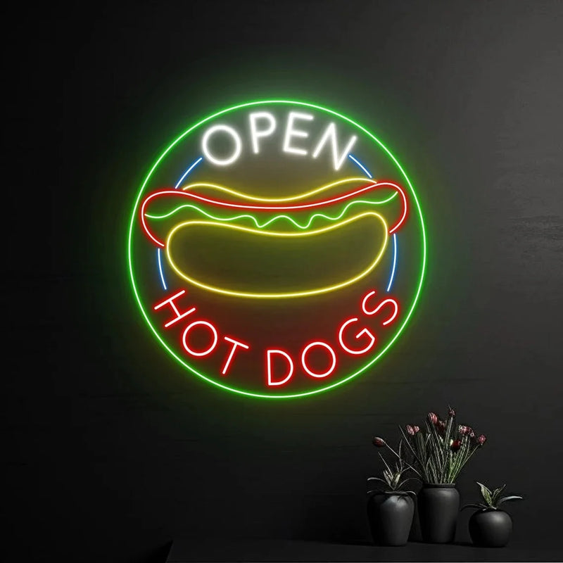 Enseigne néon LED Open Hot Dogs pour restaurant et snack, décor mural, 38 cm