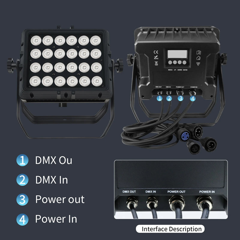 PAR LED carré IP65 – interface : entrée et sortie DMX, entrée et sortie secteur