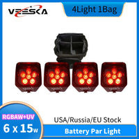 Uplight sans fil 6 x 15 W – quatre uplights rouges devant le sac de transport