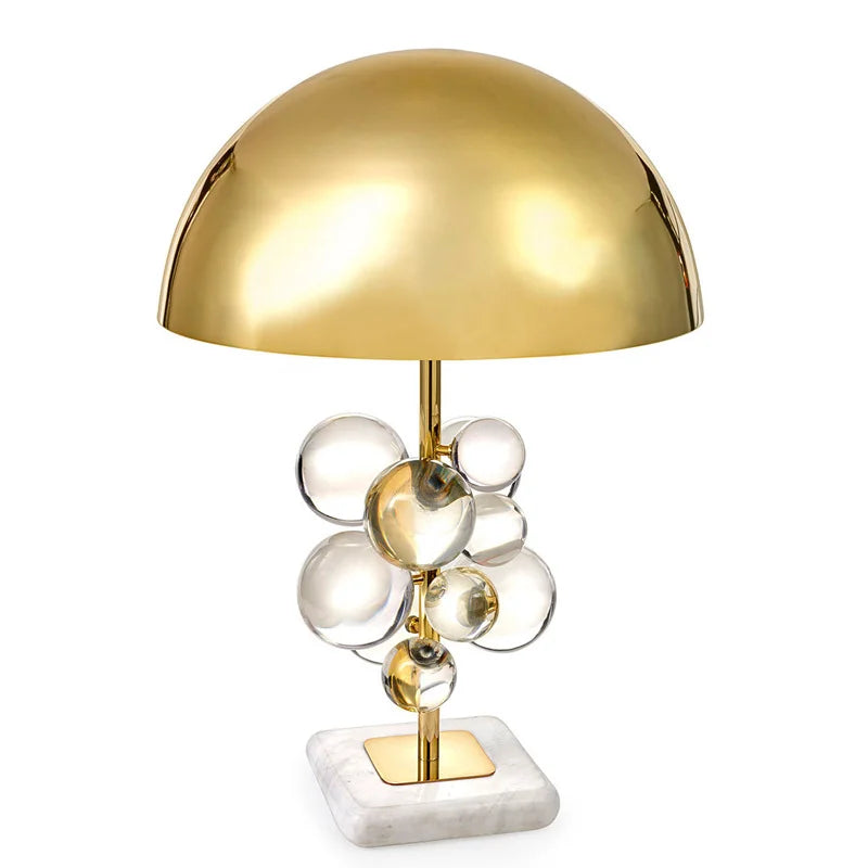 Lampe champignon à boules de verre – lampe de table à boules de verre transparentes, dôme doré et socle en marbre