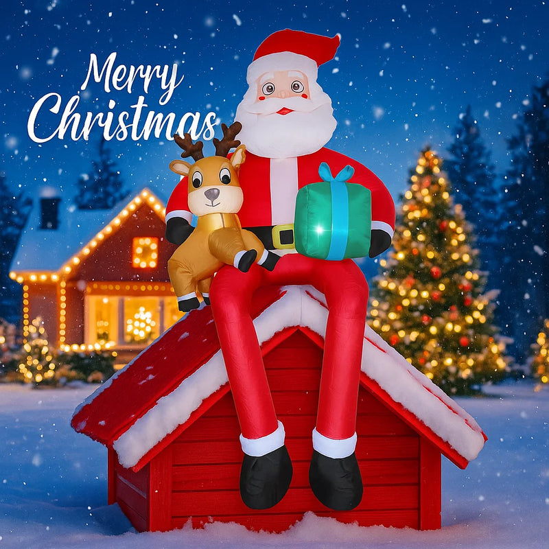 Père Noël gonflable géant 2,9 m avec renne, cadeau et LED
