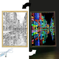 Cadre lumineux Tokyo – motif rue de néons, éteint puis allumé, avec câble USB