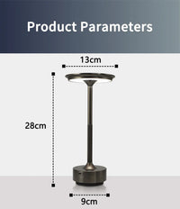 Lampe de table sans fil à disque – schéma des dimensions : 13 cm de large, 28 cm de haut