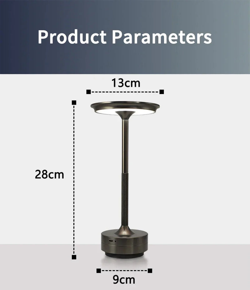 Lampe de table sans fil à disque – schéma des dimensions : 13 cm de large, 28 cm de haut
