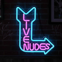 Néon LED déco bar et salle de jeux – modèle « Live Nudes » en flèche sans silhouette, 38 x 30 cm