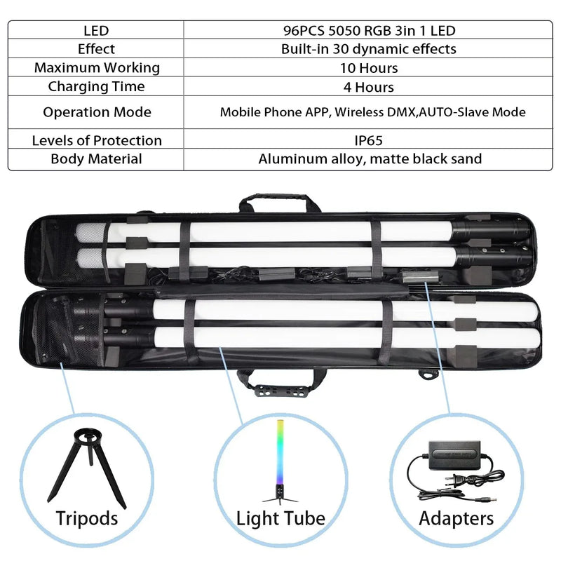 4 tubes LED pixel sans fil sur batterie IP65 avec trépieds et sac