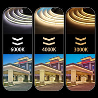 Ruban LED FCOB blanc – rendu en 6000 K, 4000 K et 3000 K sur une façade