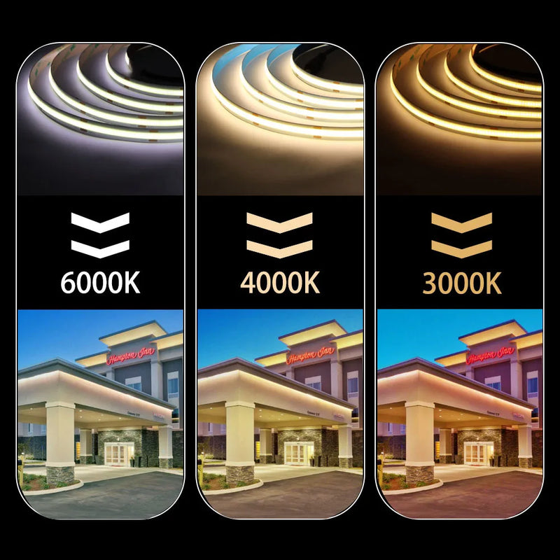Ruban LED FCOB blanc – rendu en 6000 K, 4000 K et 3000 K sur une façade