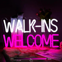 Enseigne néon Open Walk-Ins Welcome – modèle WALK-INS blanc et WELCOME rose