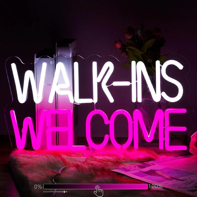 Enseigne néon Open Walk-Ins Welcome – modèle WALK-INS blanc et WELCOME rose