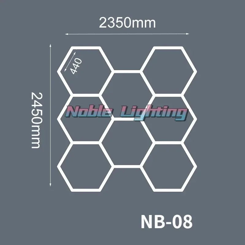 Plafonnier LED hexagonal – schéma du format 8 hexagones, 235 x 245 cm