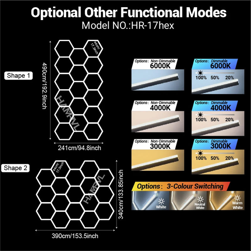 Éclairage LED hexagonal garage modulable, 1 à 25 hexagones, cadres et chevrons
