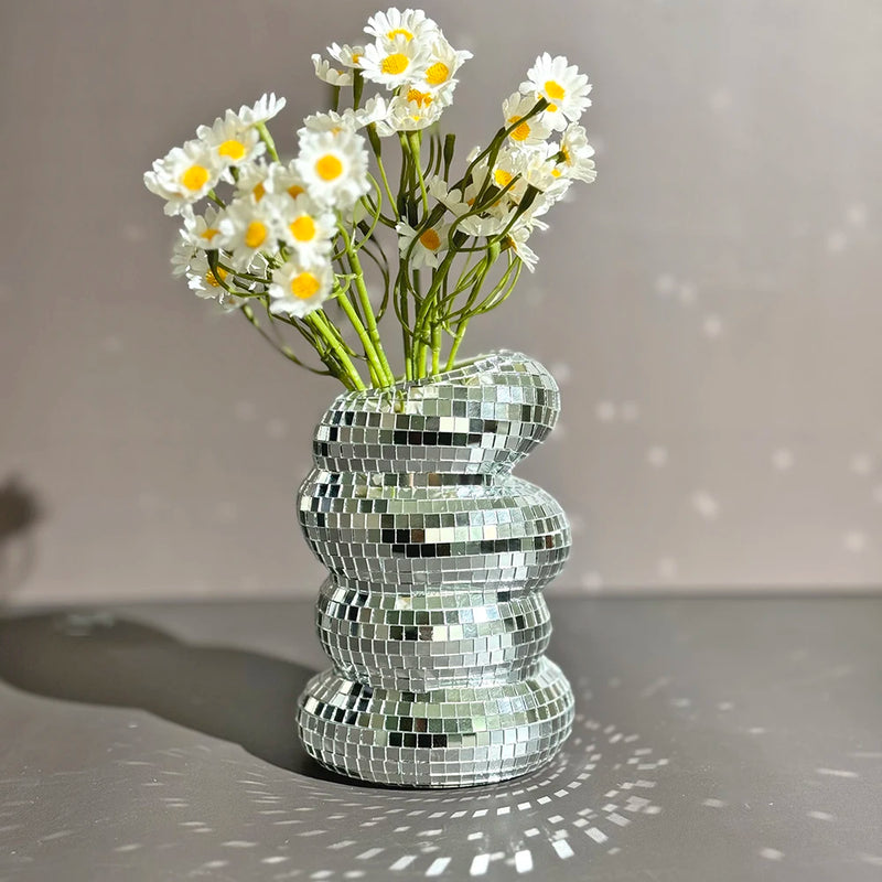 Vase boule à facettes disco en spirale, miroirs argentés, 15 cm