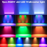 Barre LED RGBW 9 x 4 W – effets de couleur sur un mur : rouge, vert, bleu, blanc, ambre et violet