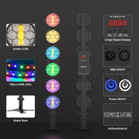 Projecteurs vintage 6 LED COB – COB dorée, LED RGB, afficheur, entrées DMX et alimentation