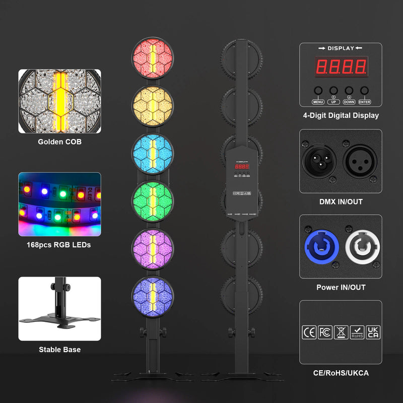 Projecteurs vintage 6 LED COB – COB dorée, LED RGB, afficheur, entrées DMX et alimentation