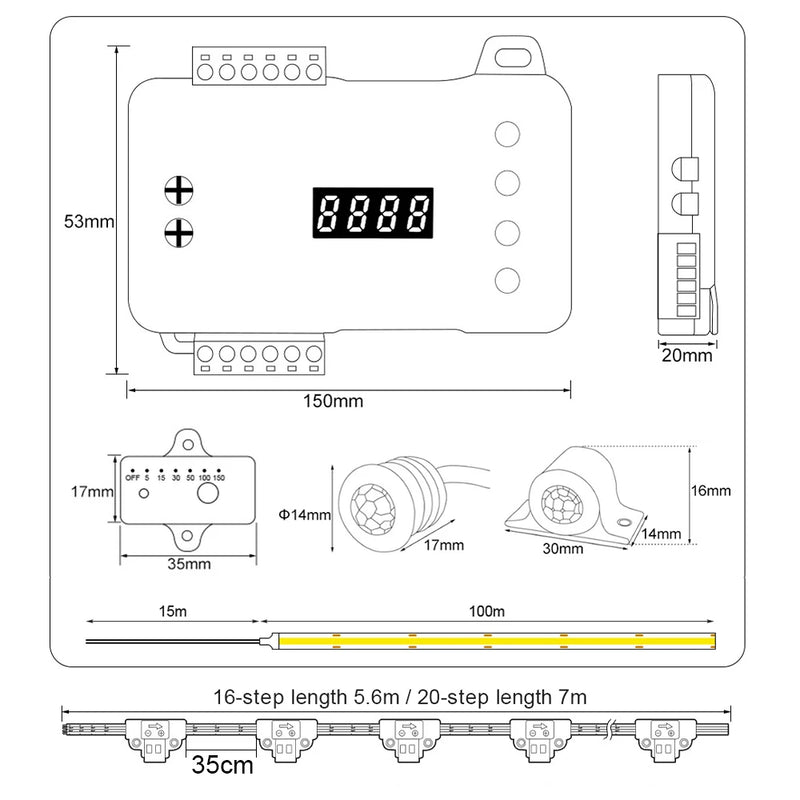 Bande LED escalier COB à détecteur de mouvement – dimensions du contrôleur, du détecteur et des kits de 16 et 20 marches