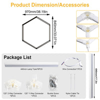 Éclairage LED nid d'abeille – cotes d'un hexagone de 97 x 84 cm et contenu du kit avec 4 vis et 2 colliers