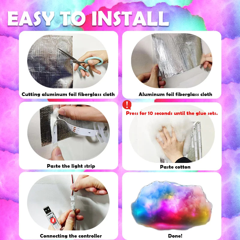 Kit nuage LED plafond multicolore – étapes de montage avec ouate, ruban LED et colle