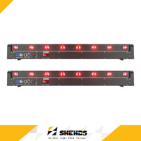 Barre LED à tête mobile 8 x 12 W – deux barres vues de dos avec leurs connecteurs, LED allumées en rouge