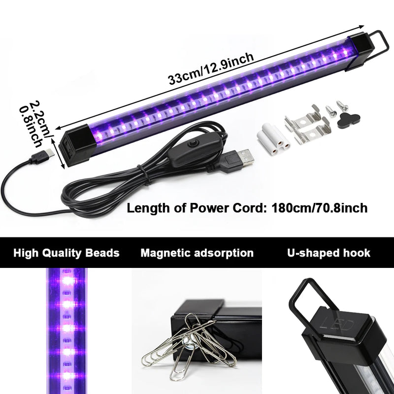 Barre lumière noire LED UV USB, lot de 2, tubes T8 33 cm ou T5 29 cm