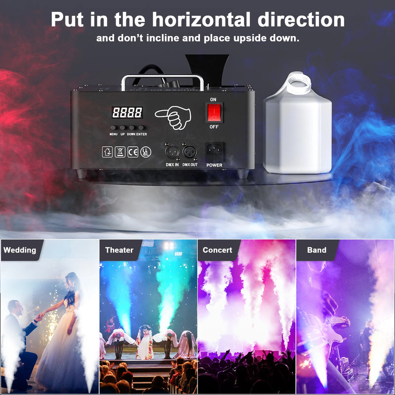 Machine à fumée verticale 2000 W – posée à l'horizontale, en situation de mariage, théâtre et concert
