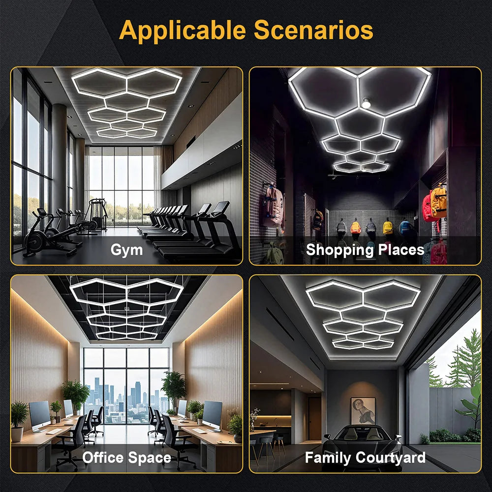 Plafonnier LED hexagonal garage blanc 6500 K, 1 à 14 hexagones