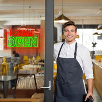 Enseigne néon RESTAURANT OPEN – à la porte d'un restaurant, avec un employé en tablier
