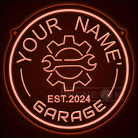 Néon garage personnalisé avec votre nom, engrenage, rond 29 cm, USB