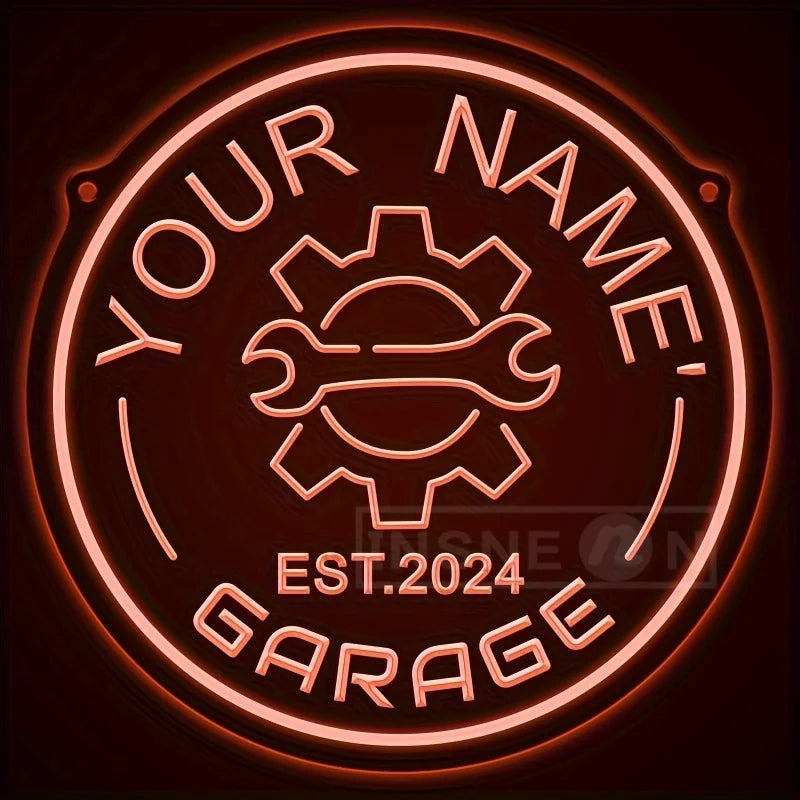 Néon garage personnalisé avec votre nom, engrenage, rond 29 cm, USB