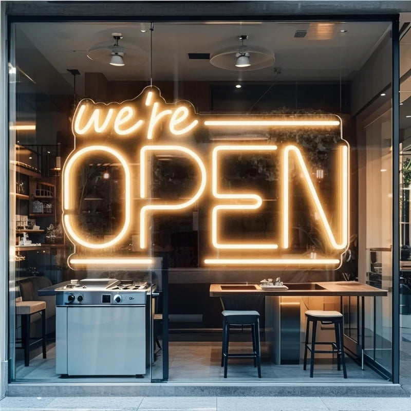 Enseigne néon « We're OPEN » blanc chaud ou rouge, USB, 40 x 25 cm