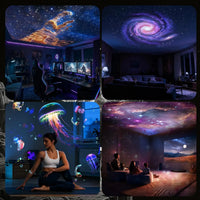 Projecteur ciel étoilé HD – scènes d'utilisation : salle de jeux, chambre et salon avec méduses et galaxie projetées