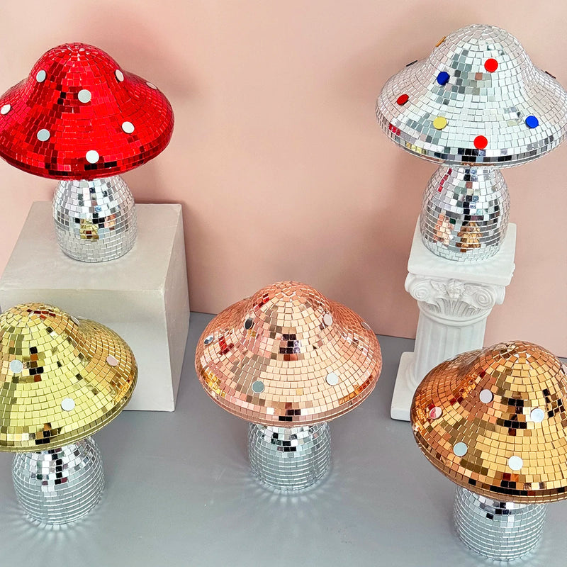 Boule à facettes déco champignon en verre miroir, 18 x 15 cm