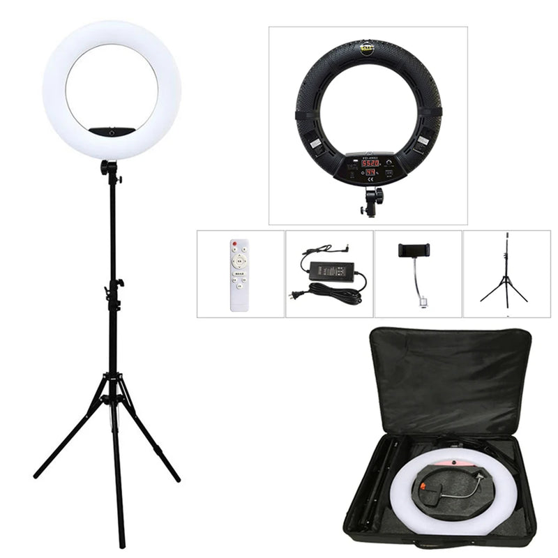 Ring light 45 cm bicolore – kit noir : anneau, télécommande, adaptateur, support de téléphone, trépied et sac