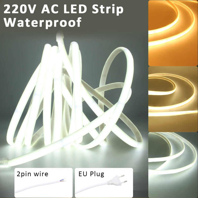 Ruban LED COB 220 V en silicone, à prise ou à fil