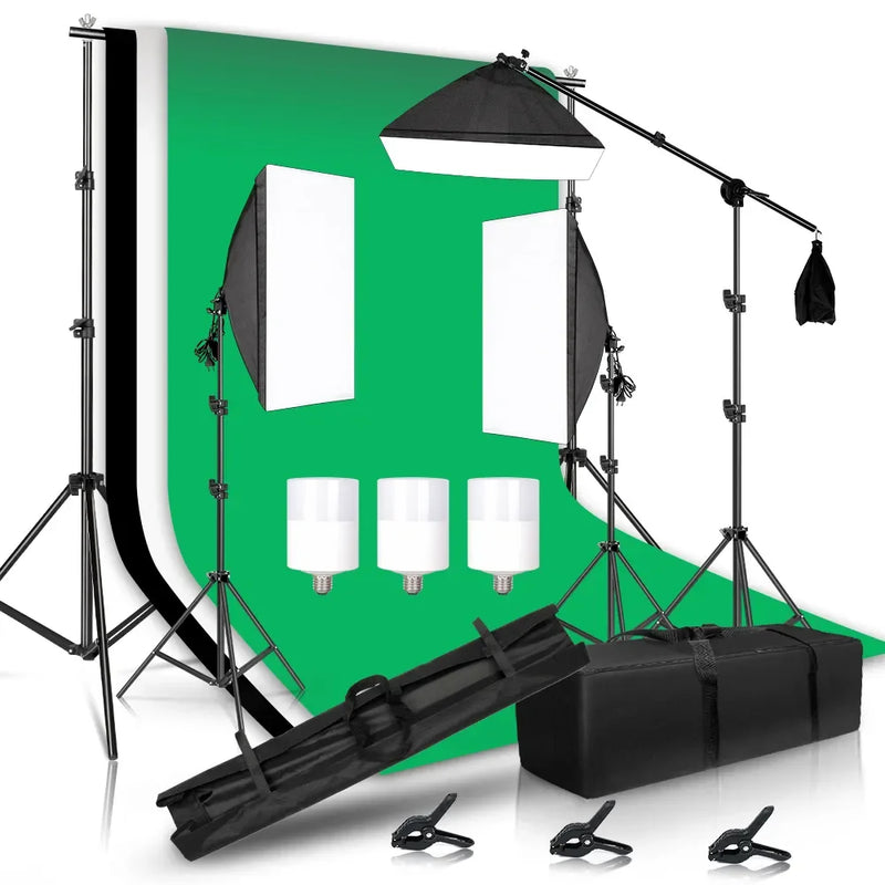 Kit studio photo à la pièce : 4 kits softbox et 4 cadres de fond de 2,4 x 4 m, 12 articles