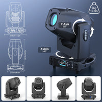 Lyre LED 3 en 1 200 W – dimensions, poids de 9 kg et rotation de 540° et 255°