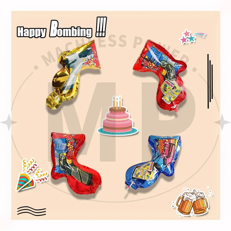 Canon à confettis gonflable – quatre canons rouge, bleu et doré, avec un gâteau d'anniversaire