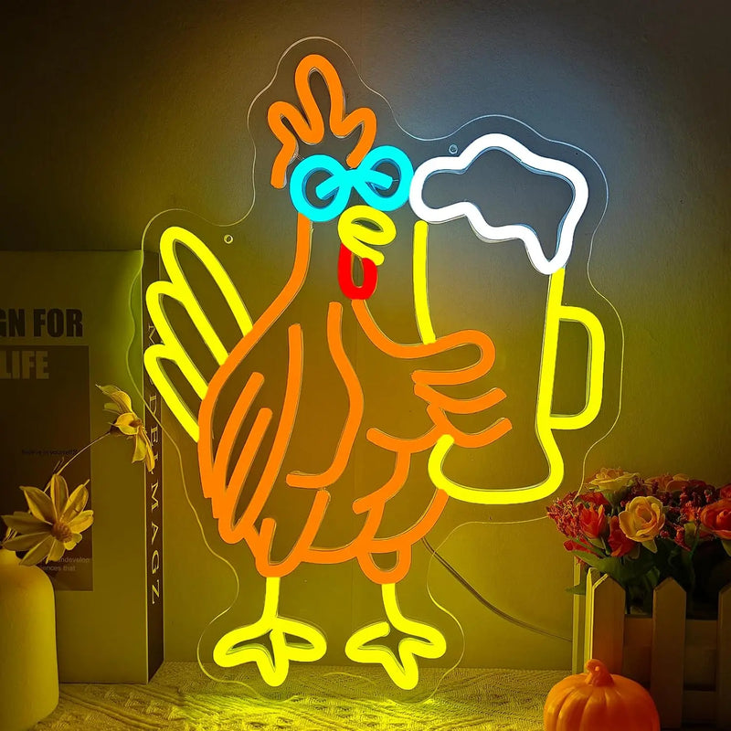 Néon LED coq et chope de bière, USB réglable, 2 tailles