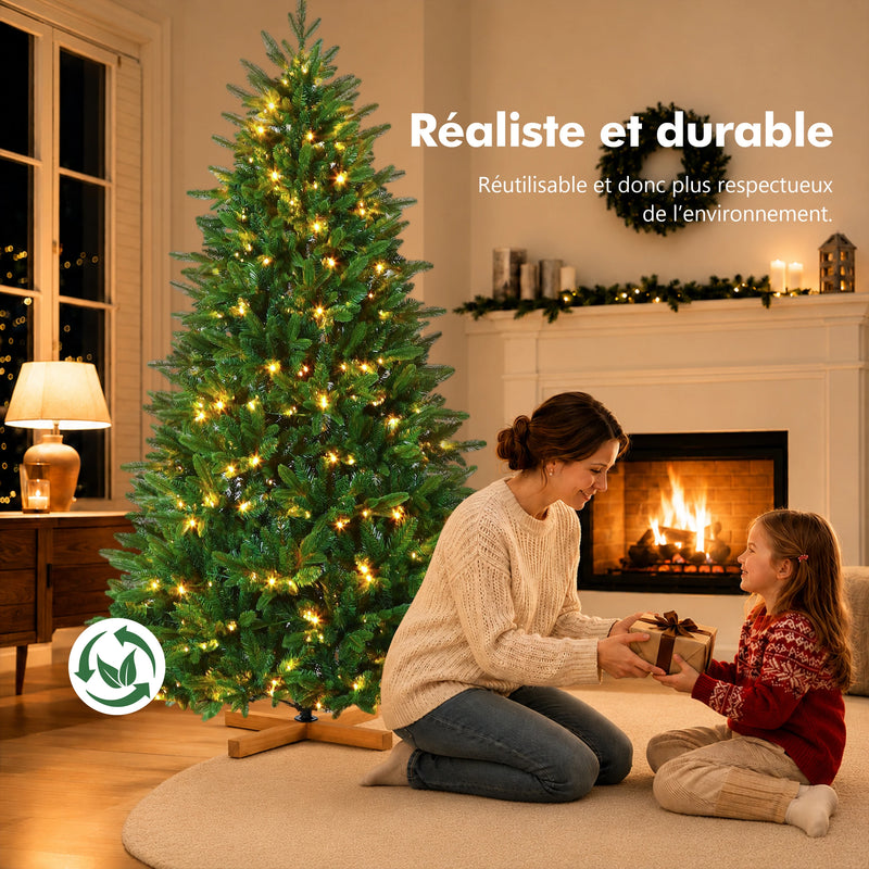 Sapin lumineux artificiel 180 à 235 cm, LED blanc chaud, pied en bois