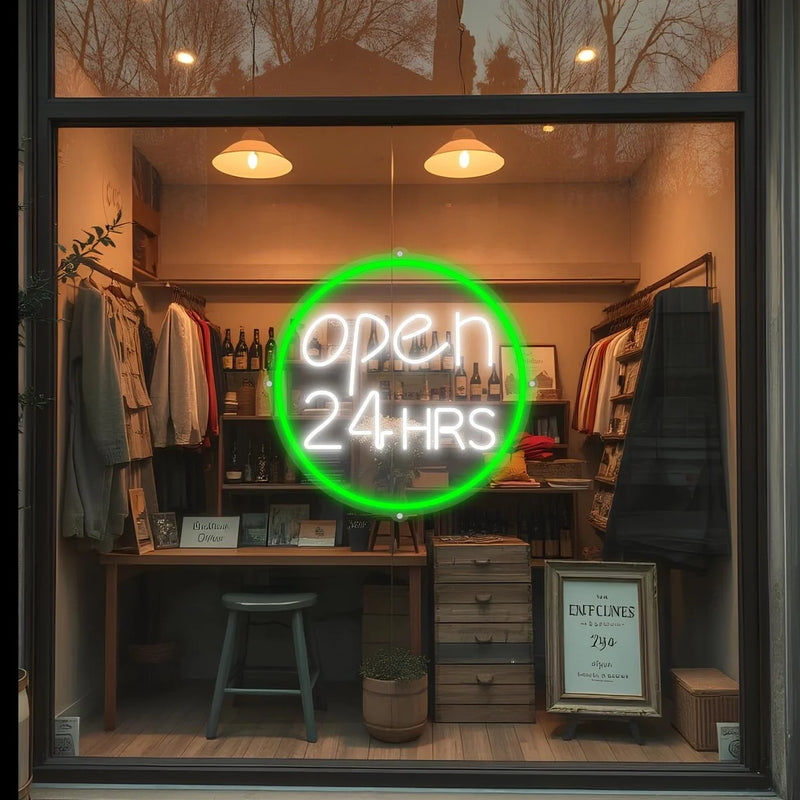 Panneau OPEN 24 HRS en néon LED – cercle vert, vue de la vitrine